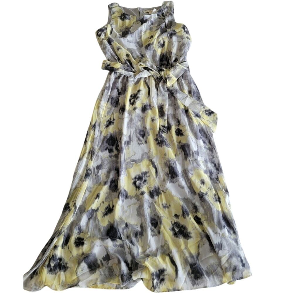 Prelude Yellow Gray Watercolor Floral Chiffon Midi Dress Size Medium Sleeveless